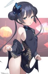 Rule 34 | 1girl, black dress, black hair, blue archive, blush, butterfly hair ornament, china dress, chinese clothes, clothes lift, coat, dated, double bun, dragon print, dress, dress lift, grey coat, grey eyes, hair bun, hair ornament, halo, highres, hirota fruit, kisaki (blue archive), lifted by self, long hair, looking at viewer, off shoulder, open mouth, pelvic curtain, pinstripe pattern, print dress, short dress, single bare shoulder, sleeveless, sleeveless dress, solo, striped, striped coat, twintails, twitter username, vertical-striped coat