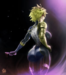 Rule 34 | 1girl, ass, black background, blonde hair, blood, bloody weapon, bodysuit, breasts, cowboy shot, dimaria yesta, evil smile, fairy tail, from behind, gauntlets, grin, hand on own hip, highres, knife, large breasts, red eyes, short hair, single gauntlet, skin tight, smile, standing, the golden smurf, weapon