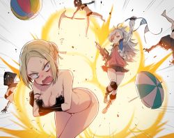 Rule 34 | 5girls, arm strap, assault rifle, assisted exposure, ball, beach umbrella, beachball, bent over, bikini, black gloves, black socks, blonde hair, blue eyes, blush, boots, bow, breasts, cleavage, closers, clothes theft, covering breasts, covering privates, cross-laced footwear, embarrassed, explosion, fang, fingerless gloves, gas mask, gloves, gun, hair bun, half updo, irina petrovona, knee pads, kneehighs, large breasts, long hair, mask, multiple girls, open mouth, parted bangs, pleated skirt, rifle, scythe, silver hair, single hair bun, skirt, socks, striped bikini, striped clothes, supernew, sweatdrop, swimsuit, tears, theft, thigh gap, tina (closers), topless, umbrella, unworn bikini top, weapon