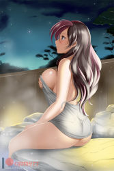 Rule 34 | 1girl, ass, back, bare arms, bare shoulders, blush, breast lift, breasts, brown eyes, brown hair, closed mouth, fence, from side, highres, kimmy77, large breasts, long hair, looking away, looking up, multicolored hair, naked towel, neo politan, night, night sky, onsen, outdoors, patreon logo, patreon username, pink hair, profile, rock, rwby, sideboob, sitting, sky, soaking feet, solo, split-color hair, star (sky), starry sky, steam, stone, thighs, towel, tree, two side up, water, watermark, web address, wet, wooden fence