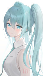 Rule 34 | 1girl, 39, absurdres, aqua eyes, aqua hair, aqua necktie, bare shoulders, blush, breasts, closed mouth, collared shirt, from side, hair between eyes, hatsune miku, highres, hiroserii, long hair, looking at viewer, medium breasts, necktie, shirt, simple background, sleeveless, sleeveless shirt, smile, solo, tattoo, twintails, upper body, vocaloid, white shirt, wing collar