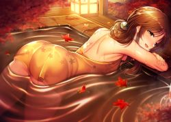 Rule 34 | 1girl, ass, bathing, brown hair, dress, hair ornament, highres, lamp, leaf, ment, no bra, no panties, onsen, outdoors, sleeveless, solo, tree, wet, wet clothes, wet dress, yellow eyes