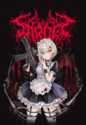 Rule 34 | 1girl, apron, ar-15, bandage on face, bandages, black background, black nails, blood, blood on clothes, blue dress, dress, eotech, gun, kws, looking at viewer, maid, maid apron, optical sight, original, red eyes, rifle, sample watermark, short hair, skeletal arm, skeleton, smile, solo, thighhighs, watermark, weapon, white apron, white hair, white thighhighs