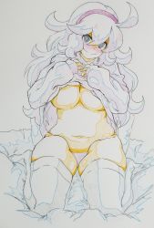 Rule 34 | 1girl, @ @, ahoge, bed sheet, belly, blush, breasts, closed mouth, clothes lift, creatures (company), full body, game freak, hair between eyes, hairband, head tilt, hex maniac (pokemon), highres, hip focus, large breasts, lifted by self, long hair, looking at viewer, messy hair, mitarashi o, navel, nintendo, no shoes, npc trainer, panties, pokemon, pokemon xy, sitting, sketch, smile, solo, stomach, sweater, sweater lift, thighhighs, thighs, traditional media, underboob, underwear, wariza