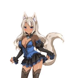 Rule 34 | 1girl, animal ears, black thighhighs, blush, bow, breasts, brooch, center opening, cleavage, cleavage cutout, clothing cutout, contrapposto, cowboy shot, cross-laced clothes, dark-skinned female, dark skin, detached sleeves, dress, female focus, fox ears, fox tail, frills, game cg, hair ornament, hairclip, jewelry, kitsune, lace, lace-trimmed legwear, lace trim, layered dress, light smile, long hair, looking at viewer, no bra, parted bangs, puffy detached sleeves, puffy sleeves, purple eyes, sakura spirit, sakurano machiko, see-through, short dress, silver hair, skirt hold, sleeves past wrists, smile, solo, standing, tail, thighhighs, turtleneck, wanaca, wavy hair, wide sleeves, winged cloud, x hair ornament, zettai ryouiki