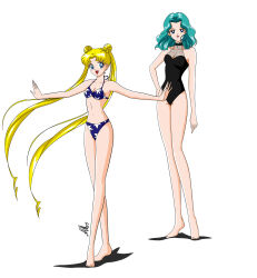 Rule 34 | 2girls, anello81, aqua hair, arm at side, bare arms, bare legs, bare shoulders, bikini, bishoujo senshi sailor moon, black one-piece swimsuit, blonde hair, blue bikini, blue eyes, closed mouth, collarbone, commission, crossed legs, formal, full body, hand on own hip, happy, highres, kaiou michiru, long hair, looking at viewer, midriff, multiple girls, navel, neck, one-piece swimsuit, open mouth, outstretched arms, parted bangs, smile, spread arms, standing, suit, swimsuit, tsukino usagi, twintails, two-piece swimsuit, very long hair, white background
