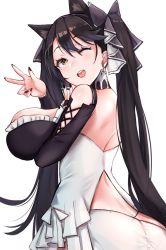 Rule 34 | 1girl, ;d, animal ears, arm between breasts, ass, atago (azur lane), azur lane, bare shoulders, black dress, black hair, blush, breasts, brown eyes, cosplay, dress, earrings, extra ears, formidable (azur lane), formidable (azur lane) (cosplay), frilled dress, frills, from behind, hair ribbon, highres, jewelry, large breasts, long hair, looking at viewer, looking back, mappaninatta, mole, mole under eye, one eye closed, open mouth, ribbon, smile, solo, swept bangs, twintails, two-tone dress, two-tone ribbon, w, white background