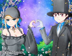 Rule 34 | 1boy, 1girl, alice lendrott, blonde hair, blue eyes, breasts, cleavage, happy valentine, hat, heart, heart hands, jewelry, kristen mcguire, large breasts, nail polish, necklace, shinigami bocchan to kuro maid