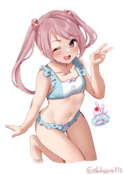 Rule 34 | 1girl, ;d, barefoot, bikini, blue bikini, blush, breasts, ebifurya, hair bobbles, hair ornament, highres, kantai collection, long hair, looking at viewer, navel, one eye closed, open mouth, pink eyes, pink hair, sazanami (kancolle), simple background, small breasts, smile, swimsuit, toes, twintails, twitter username, two-tone bikini, v, white background, white bikini