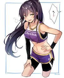 Rule 34 | 1girl, artist request, asymmetrical sleeves, bike shorts, black bra, black hair, blush, bra, breasts, collarbone, crop top, hair between eyes, hand on own hip, highres, hip focus, idolmaster, idolmaster shiny colors, large breasts, long hair, looking to the side, midriff, navel, open mouth, ponytail, purple shorts, shirase sakuya, shorts, simple background, smile, solo, sports bikini, sweat, thighs, underwear, uneven sleeves, white background, yellow eyes