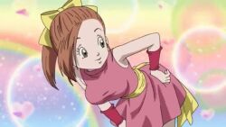 Rule 34 | 1girl, animated, animated gif, blue dragon, bow, brown hair, dress, green eyes, hand on own hip, heart, kissy face, kluke, looking to the side, one eye closed, pink dress, rainbow, third-party edit, wink, yellow bow