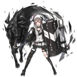 Rule 34 | 1girl, arknights, black footwear, black socks, choker, collarbone, elite ii (arknights), female focus, full body, grey hair, holding, holding shield, holding sword, holding weapon, horns, kneehighs, looking at viewer, neco, official art, open mouth, red eyes, shield, short hair, single kneehigh, single sock, socks, solo, sword, transparent background, vulcan (arknights), weapon