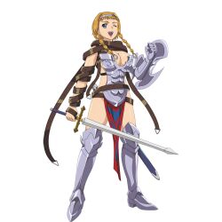 Rule 34 | 00s, 1girl, armor, blonde hair, blue eyes, braid, breastplate, breasts, buckle, cleavage, curvy, full body, gauntlets, hairband, headband, highres, hisayuki hirokazu, holding, holding sword, holding weapon, large breasts, leina (queen&#039;s blade), looking at viewer, looking to the side, official art, queen&#039;s blade, revealing clothes, scan, shiny skin, side braid, solo, standing, sword, thong, twin braids, weapon, wide hips