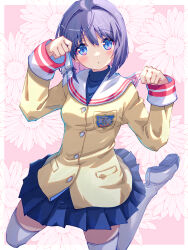 Rule 34 | 1girl, :o, akayama yukihe, blazer, blue eyes, blue skirt, blunt ends, blush, bob cut, border, clannad, commentary request, eyes visible through hair, fujibayashi ryou, hair between eyes, hair intakes, hair ribbon, hands up, highres, hikarizaka private high school uniform, jacket, kneeling, knees out of frame, loafers, looking at viewer, medium hair, miniskirt, open mouth, paw pose, pink background, pleated skirt, purple hair, ribbon, sailor collar, school uniform, serafuku, shoes, simple background, skirt, sleeves past wrists, solo, tareme, thighhighs, tress ribbon, w arms, white border, white footwear, white ribbon, white sailor collar, white thighhighs, yellow jacket, zettai ryouiki