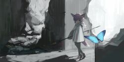 Rule 34 | 1girl, ahoge, animal ears, arknights, black pantyhose, blue butterfly, blue eyes, bug, butterfly, closed mouth, coat, codemoretech, commentary request, cross, fox ears, fox girl, fox tail, highres, holding, holding staff, hood, hood down, hooded coat, insect, long sleeves, pantyhose, purple hair, red cross, ruins, shoes, short hair, solo, staff, sussurro (arknights), tail, white coat, white footwear, wide shot