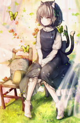 Rule 34 | 1girl, absurdres, alternate color, animal ear fluff, animal ears, black collar, black dress, blush, bobby socks, bow, brown eyes, brown hair, bug, butterfly, cat ears, cat tail, chair, chen, closed mouth, collar, collarbone, curtains, dress, extra ears, flat chest, flower, full body, funiyon, glint, grass, green bow, green ribbon, hair bow, hands on lap, highres, insect, juliet sleeves, knees together feet apart, lens flare, light smile, long sleeves, looking away, multiple tails, nekomata, no headwear, no shoes, petticoat, puffy sleeves, red flower, red rose, ribbon, rose, see-through, short hair, sitting, socks, solo, star (symbol), tail, tail ornament, tail ribbon, touhou, two tails, v arms, white socks