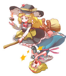 Rule 34 | 2girls, alice margatroid, black skirt, black vest, blonde hair, blue dress, blush, boots, bow, braid, broom, broom riding, brown footwear, camera, capelet, cross-laced footwear, dress, female pervert, frilled capelet, frilled skirt, frills, hairband, hat, hat ornament, highres, kirisame marisa, knee boots, long hair, long sleeves, mini-hakkero, multiple girls, open mouth, peroponesosu., pervert, puffy short sleeves, puffy sleeves, red eyes, red neckwear, shirt, short sleeves, simple background, skirt, star (symbol), star hat ornament, touhou, triangle mouth, upside-down, upskirt, v-shaped eyebrows, vest, white background, white shirt, witch hat, yellow eyes