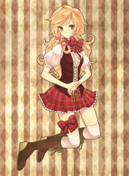 Rule 34 | 1girl, argyle, argyle background, argyle clothes, bad id, bad pixiv id, blonde hair, boots, bow, brown eyes, choker, hair bow, highres, knee boots, leg ribbon, long hair, looking at viewer, monaco (rmn02), original, over-kneehighs, ribbon, ribbon choker, skirt, smile, solo, striped, striped background, thigh ribbon, thighhighs
