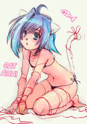 Rule 34 | 10s, 1boy, ahoge, androgynous, animal ears, bikini, blue eyes, blue hair, blush, cardfight!! vanguard, cat boy, cat ears, cat tail, crossdressing, fish, hard-translated, kneeling, male focus, matching hair/eyes, multicolored eyes, navel, open mouth, red ribbon, ribbon, sendou aichi, short hair, sketch, solo, swimsuit, tail, third-party edit, translated, trap, yoh kad (rmanother)