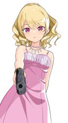 Rule 34 | 1girl, aiming, aiming at viewer, arm behind back, blonde hair, breasts, dress, expressionless, feather necklace, gokusai kaibi, gold bracelet, gun, handgun, high ponytail, highres, holding, holding gun, holding weapon, jewelry, kuronoya50, necklace, pearl necklace, pink dress, pink eyes, pov, school (toaru), sleeveless, sleeveless dress, small breasts, solo, standing, toaru majutsu no index, upper body, wavy hair, weapon, white background