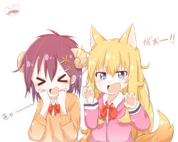 Rule 34 | &gt; &lt;, 10s, 2girls, animal ears, blonde hair, blue eyes, blush, cardigan, claw pose, demon horns, closed eyes, fang, gabriel dropout, hair ornament, hand to own mouth, highres, horns, kemonomimi mode, long hair, messy hair, multiple girls, open mouth, pen ag, pink cardigan, purple hair, school uniform, short hair, signature, tail, gabriel tenma white, topknot, vignette tsukinose april, white background, x hair ornament