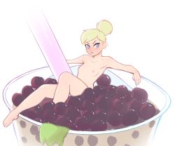 Rule 34 | 1girl, absurdres, barefoot, blonde hair, blue eyes, blush, breasts, bubble tea, completely nude, cup, disposable cup, dress, unworn dress, drink, drinking straw, fairy wings, food, frown, fruit, green dress, hair bun, highres, in food, mini person, minigirl, nipples, nose blush, nude, peter pan (disney), pointy ears, pudgeruffian, short hair, simple background, single hair bun, small breasts, solo, sweat, tapioca, tinker bell (disney), white background, wings