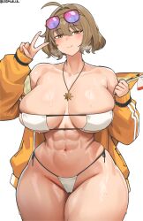 1girl abs absurdres anis_(nikke) anis_(sparkling_summer)_(nikke) bare_shoulders bikini blush breasts brown_hair closed_mouth collarbone cowboy_shot cromwellb eyepatch_bikini goddess_of_victory:_nikke highres huge_breasts jacket looking_at_viewer navel off_shoulder official_alternate_costume short_hair side-tie_bikini_bottom simple_background skindentation solo standing sunglasses_on_head swimsuit v wet white_background white_bikini yellow_eyes yellow_jacket