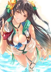 Rule 34 | 1girl, bad id, bad twitter id, bare shoulders, bikini, black hair, blush, breasts, can, cleavage, collarbone, drink can, earrings, fate/grand order, fate (series), flower, grin, hair flower, hair ornament, highres, hoop earrings, ishtar (fate), jewelry, large breasts, long hair, looking at viewer, necklace, parted bangs, red eyes, smile, soda can, swimsuit, thighs, two side up, wading, yatsuka (846)