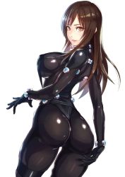 Rule 34 | 1girl, ass, bodysuit, breasts, brown eyes, brown hair, covered erect nipples, cowboy shot, female focus, from behind, gantz, highres, large breasts, latex, long hair, looking at viewer, looking back, matching hair/eyes, nipples, parted lips, shimohira reika, shiny clothes, simple background, solo, standing, white background