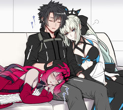 Rule 34 | 1boy, 2girls, baobhan sith (fate), baobhan sith (first ascension) (fate), bare shoulders, black bow, black dress, black hair, black shirt, blue eyes, bow, braid, breasts, center opening, circlet, closed eyes, clothing cutout, couch, detached collar, detached sleeves, dress, earrings, fate/grand order, fate (series), french braid, fujimaru ritsuka (male), fujimaru ritsuka (male) (polar chaldea uniform), hand on another&#039;s head, highres, jewelry, lap pillow, large breasts, leaning on person, long hair, lying on lap, morgan le fay (fate), mother and daughter, multiple girls, pink hair, platinum blonde hair, red dress, sanmoto gorouzaemon, shirt, sidelocks, sitting, sleeping, sleeping on person, smile, stomach cutout, two-tone dress