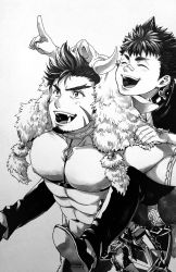 Rule 34 | 1boy, ^ ^, abs, animal hood, bara, bare pectorals, boar hood, body fur, bulge, carrying, closed eyes, facial hair, forked eyebrows, greyscale, gullinbursti (housamo), highres, hood, large pectorals, male focus, male pubic hair, protagonist 1 (housamo), mature male, momo (redcomet1104), monochrome, muscular, muscular male, navel, navel hair, nipples, pectoral cleavage, pectorals, penis, piggyback, pubic hair, revealing clothes, short hair, sideburns, sidepec, solo, stomach, stubble, thick thighs, thighs, tokyo houkago summoners