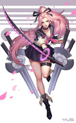 Rule 34 | 1girl, bell, boots, bow, breasts, character request, cleavage, collar, forever 7th capital, full body, gloves, glowing, glowing weapon, hair ribbon, holding, holding sword, holding weapon, katana, long hair, looking at viewer, medium breasts, open mouth, orange eyes, petals, pink hair, ponytail, ribbon, school uniform, signature, skirt, smile, socks, solo, sword, thigh strap, very long hair, weapon, yus