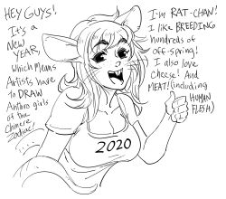 Rule 34 | 1girl, 2020, animal ears, bb (baalbuddy), breasts, buck teeth, cannibalism, chinese zodiac, commentary, english commentary, freckles, greyscale, highres, large breasts, medium hair, monochrome, mouse ears, mouse girl, original, shirt, short sleeves, simple background, smile, solo, teeth, thumbs up, upper body, white background, year of the rat