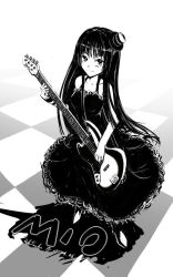 Rule 34 | 00s, 1girl, akiyama mio, bass guitar, black hair, blunt bangs, border468, don&#039;t say &quot;lazy&quot;, dress, greyscale, guitar, hat, hime cut, instrument, k-on!, long hair, mini hat, mini top hat, monochrome, solo, top hat