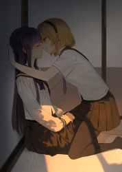 Rule 34 | 2girls, arm support, black hairband, black pantyhose, black sailor collar, black skirt, blonde hair, blue hair, blue neckerchief, blunt bangs, blush, chinese commentary, closed eyes, closed mouth, commentary request, fang, feet out of frame, from side, furude rika, hairband, highres, higurashi no naku koro ni, hime cut, houjou satoko, imminent kiss, indoors, kabedon, long hair, long sleeves, looking at another, mixed-language commentary, multiple girls, neckerchief, on floor, pantyhose, parted lips, pink eyes, pleated skirt, profile, sailor collar, school uniform, serafuku, short hair, short sleeves, sidelocks, sitting, skin fang, skirt, straddling, usamin (megumikira), yuri