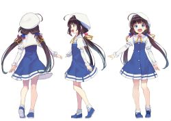 Rule 34 | 10s, 1girl, ahoge, blue dress, blue eyes, blue footwear, brown hair, dress, hat, hinatsuru ai, kneepits, long hair, low twintails, multiple views, official art, open mouth, ryuuou no oshigoto!, shirabi, shoes, smile, socks, twintails