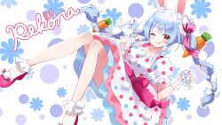 Rule 34 | 1girl, ;q, animal ear fluff, animal ears, blue hair, bow, braid, candy, carrot hair ornament, character name, dress, food, food-themed hair ornament, gloves, hair bow, hair ornament, hair ribbon, highres, holding, holding candy, holding food, hololive, layered dress, long hair, multicolored hair, one eye closed, pink footwear, pink ribbon, pom pom (clothes), rabbit ears, rabbit girl, red eyes, ribbon, short eyebrows, solo, striped ribbon, tongue, tongue out, twin braids, two-tone hair, uni (maru231), usada pekora, virtual youtuber, white bow, white dress, white gloves, white hair, wrapped candy