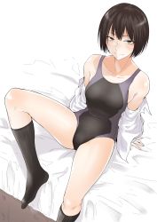 Rule 34 | 1girl, amagami, arm support, bare shoulders, bed sheet, black bra, black eyes, black hair, black one-piece swimsuit, black socks, blue one-piece swimsuit, bob cut, bra, collarbone, commentary, competition swimsuit, dress shirt, eyelashes, female focus, from above, highres, knee up, kneehighs, light smile, looking at viewer, nanasaki ai, off shoulder, on bed, one-piece swimsuit, open clothes, open shirt, shirt, short hair, sitting, socks, solo, swimsuit, swimsuit under clothes, textless version, tsukumo nikyu, underwear, undressing, white shirt
