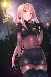 Rule 34 | 1girl, arm at side, arrow (symbol), backlighting, bike shorts, black gloves, black thighhighs, blunt bangs, blush, bodystocking, breasts, brooch, covered erect nipples, covered navel, cowboy shot, crop top, gem, gloves, hand on own chest, heart, heart-shaped pupils, highres, jewelry, kagami uekusa, lamppost, lips, long hair, looking at viewer, magia record: mahou shoujo madoka magica gaiden, mahou shoujo madoka magica, medium breasts, night, night sky, nose blush, outdoors, parted lips, pink eyes, pink hair, sign, skin tight, sky, smile, solo, standing, suggestive fluid, symbol-shaped pupils, tamaki iroha, thigh gap, thighhighs, very long hair