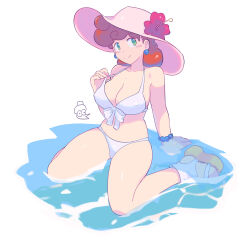 Rule 34 | 1girl, akie (saru getchu), breasts, cleavage, closed mouth, collarbone, earrings, full body, green eyes, hat, highres, jewelry, large breasts, long hair, looking at viewer, pink hat, pompadour, red hair, saru getchu, saru jia, smile, solo, swimsuit, water