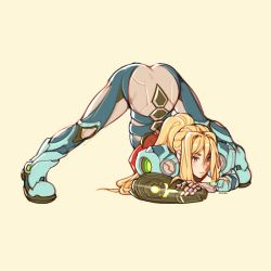 Rule 34 | 1girl, armor, ass, blonde hair, blue eyes, blush, flexible, full body, hands on ground, highres, jack-o&#039; challenge, long hair, looking at viewer, meme, metroid, metroid dread, nintendo, oxcoxa, power armor, power suit, samus aran, simple background, solo, spread legs, top-down bottom-up, varia suit, white background, wide spread legs