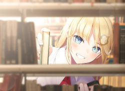 Rule 34 | 1girl, :d, blonde hair, blue eyes, blurry, blurry foreground, blush, book, bookshelf, bookshelf pov, collared shirt, commentary request, depth of field, fed (giba), gear hair ornament, grin, hair ornament, holding, holding book, hololive, hololive english, indoors, lens flare, library, long hair, looking at viewer, open mouth, red neckwear, shirt, smile, solo, teeth, upper body, virtual youtuber, watson amelia, white shirt