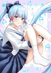 1girl absurdres ayaka_(genshin_impact) blue_bow blue_eyes blue_hair blue_neckerchief blue_skirt blunt_bangs border bow convenient_leg cup disposable_cup dot_nose floating_hair flower genshin_impact hair_bow high_ponytail highres interlocked_fingers invisible_chair kamisato_ayaka kamisato_ayaka_(heytea) kneehighs knees_up light_blue_hair light_blush long_hair long_sleeves looking_at_viewer mole mole_under_eye neckerchief no_shoes official_alternate_costume outside_border own_hands_together patterned_background pink_bow pleated_skirt puffy_long_sleeves puffy_sleeves purple_border sailor_collar school_uniform shirt sidelocks sitting skirt smile snowflakes socks tsuchinoko_(vjde8458) very_long_hair white_background white_sailor_collar white_shirt white_socks