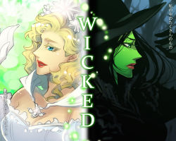 Rule 34 | 2girls, animification, bad id, bad pixiv id, bare shoulders, black hair, blonde hair, blue eyes, breasts, cleavage, colored skin, earrings, elphaba, glinda, gloves, green eyes, green skin, hat, japanism, jewelry, large breasts, lips, lipstick, long hair, makeup, mochiko (japanism), multiple girls, the wizard of oz, white gloves, wicked, witch, witch hat