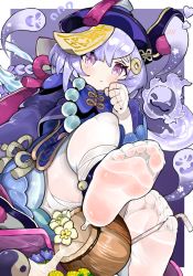 Rule 34 | 1girl, absurdres, bead necklace, beads, blue dress, blue hat, blush, braid, braided ponytail, breasts, coconut, coin hair ornament, dress, drinking straw, feet, flower, foot focus, foreshortening, fruit cup, genshin impact, ghost, hair ornament, hat, highres, jewelry, jiangshi, legs, long hair, long sleeves, looking at viewer, menthako, necklace, ofuda, purple eyes, purple hair, qingdai guanmao, qiqi (genshin impact), see-through, small breasts, soles, solo, thighhighs, thighs, toes, very long hair, white thighhighs