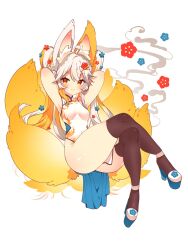 Rule 34 | 1girl, animal ears, black thighhighs, breasts, china dress, chinese clothes, dress, fake animal ears, fox ears, gluteal fold, high heels, highres, looking at viewer, multiple tails, original, small breasts, tail, thighhighs, toconikky, white background, white hair, yellow eyes