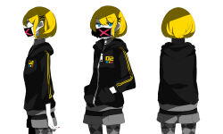 Rule 34 | 1girl, anime coloring, arm at side, back, black hoodie, black mask, black shorts, blonde hair, blue eyes, breasts, closed jacket, commentary request, cowboy shot, eyelashes, facing away, fingernails, from behind, from side, grey jacket, grey pantyhose, hair ornament, hairpin, hands in pockets, hood, hood down, hoodie, jacket, kagamine rin, layered clothes, looking ahead, looking at viewer, mask, mouth mask, multiple hairpins, multiple views, pantyhose, profile, red nails, saine, short hair, shorts, shorts rolled up, sidelocks, simple background, small breasts, vocaloid, white background, x, x hair ornament, zipper, zipper pull tab