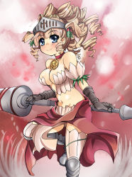 Rule 34 | 1girl, armor, athena (lord of vermilion), bare shoulders, blonde hair, blue eyes, breasts, choker, cleavage, drill hair, female focus, gradient background, lance, lord of vermilion, midriff, navel, polearm, shi ecchi, smile, solo, thighhighs, weapon