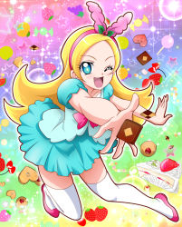 Rule 34 | 10s, 1girl, ;d, aqua skirt, blonde hair, blue eyes, bow, cake, candy, checkerboard cookie, cookie, flipped hair, food, fruit, full body, grapes, hairband, hanzou, happy, highres, kirahoshi ciel, kirakira precure a la mode, light particles, lollipop, long hair, looking at viewer, one eye closed, open mouth, orange (fruit), outstretched hand, pink bow, pink footwear, pink hairband, precure, rainbow background, shoes, skirt, smile, solo, star (symbol), strawberry, strawberry shortcake, thighhighs, white thighhighs