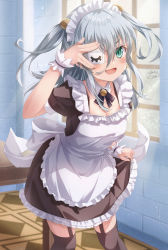 Rule 34 | 1girl, :d, absurdres, apron, arm up, black dress, black thighhighs, blush, collar, detached collar, dress, eyepatch, fang, feet out of frame, frilled apron, frilled dress, frills, garter straps, green eyes, grey hair, hair between eyes, highres, indoors, long hair, maid, maid apron, maid headdress, open mouth, original, puffy short sleeves, puffy sleeves, short sleeves, signature, smile, solo, standing, table, thighhighs, white collar, window, wing collar, wrist cuffs, yukikawa sara